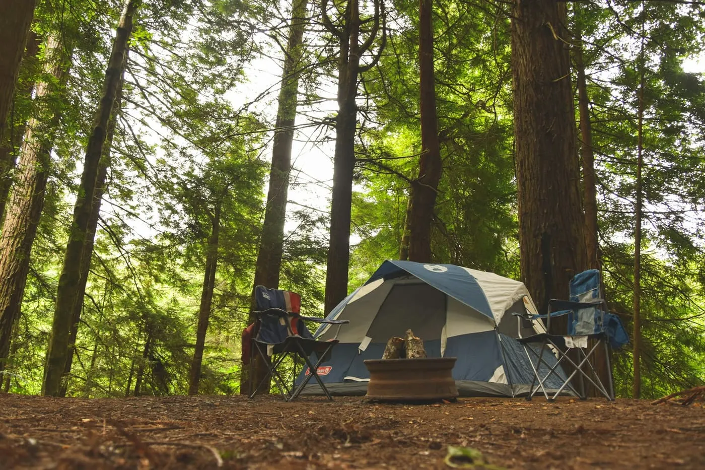 Two folding chairs beside a dome tent on a campsite among tall trees.