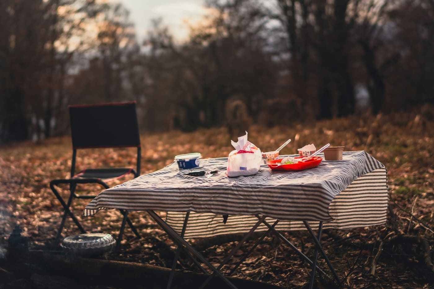 A table with a striped cloth, set with dishes and food among fallen autumn leaves in the woods, with a folding chair beside it.